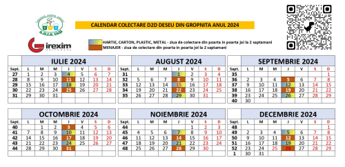 Calendar de colectare D2D deșeu din comuna Gropnița, anul 2024